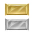 Blank silver and golden foil flow packs set - food packaging vector illustration. Royalty Free Stock Photo
