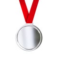 Blank silver medal with red ribbon isolated Royalty Free Stock Photo