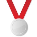 Blank silver medal with red ribbon, vector illustration Royalty Free Stock Photo