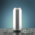 Blank silver metal beer coda can mock-up with ice cubes standing on the polished carbon fiber floor 3d render