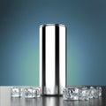 Blank silver metal energy drink can mock-up with ice cubes standing on the polished carbon fiber floor 3d render