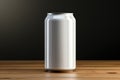 Blank Silver Soda Can Mockup on Wooden Kitchen Table.