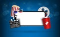 Blank smartphone with popcorn, film strip, clapperboard on blue background, online streaming movie concept, vector