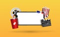 Blank smartphone with popcorn, film strip, clapperboard on yellow background, online streaming movie concept, vector
