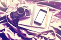 Blank smartphone screen with diary, old style photo camera and b Royalty Free Stock Photo