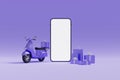 A blank smartphone screen mockup with delivery motorcycles and gift boxes, 3d Royalty Free Stock Photo