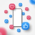 Blank smartphone, Social media network post reaction background. 3d style vector illustration.