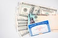 Blank social security card, united states treasury stimulus check and dollar bills Royalty Free Stock Photo