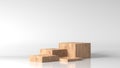 Blank space luxury brown wood box, block, square, cube podium in white marble background.