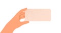 Blank speech bubble in hand. Empty paper dialog card for comment, thought, quote. Arm holding, showing abstract message