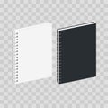 Blank Spiral Notebook Template. Black and white covers. Isometric view, isolated on transparent checkered. Vector mock Royalty Free Stock Photo