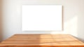 Blank square canvas hanging on a white wall above a light brown wooden table Royalty Free Stock Photo