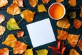 Blank square card on a background of autumn leaves with a cup of tea, fall stationery mockup, shot from above, a flatlay