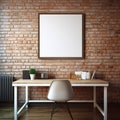 Blank Square Frame Mockup on Rustic Brick Wall with Modern Desk and Chair Royalty Free Stock Photo