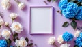 Blank Square Frame Mockup with White Roses and Blue Hydrangeas Royalty Free Stock Photo