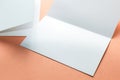 Blank square two-leaf brochures isolated on orange background. Space for text