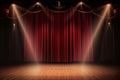 Blank stage with shining flash light and red curtain background. Generative ai Royalty Free Stock Photo