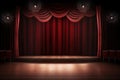 Blank stage with shining flash light and red curtain background. Generative ai Royalty Free Stock Photo