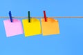 Blank post it sticky notes in a row on a rope or string with copy space Royalty Free Stock Photo