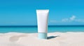 Blank sunscreen cream on the beach. Illustration AI Generative