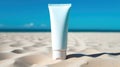 Blank sunscreen cream on the beach. Illustration AI Generative