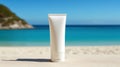 Blank sunscreen cream on the beach. Illustration AI Generative