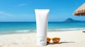 Blank sunscreen cream on the beach. Illustration AI Generative