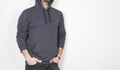 Blank sweatshirt mockup, male model, isolated background, cotton fabric hoodie design presentation