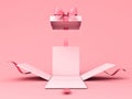 Blank sweet pink pastel color present box or open gift box with pink ribbon and bow on pink background