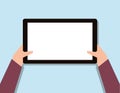 Blank tablet hand toches screen, flat design isolated on blue background Vector illustration