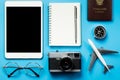 Blank tablet screen with blogger travel objects Royalty Free Stock Photo