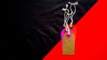 Blank tag for show price or discount on a red and black diagonal background separated. Price tags, cardboard tags in brown, purple Royalty Free Stock Photo