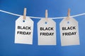 Blank tags hanging on background. Black Friday concept