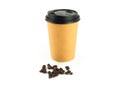 Blank take away kraft coffee cup with coffee bean isolated.