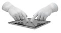 Blank tech gloves with touchpad fingertips worn, scrolling on tablet Royalty Free Stock Photo