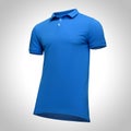 Blank template men blue polo shirt short sleeve, front view half turn bottom-up, isolated on gray background with clipping path. Royalty Free Stock Photo