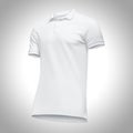 Blank template men white polo shirt short sleeve, front view half turn bottom-up, on gray background with clipping path.