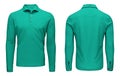 Blank template mens turquoise polo shirt long sleeve, front and back view, white background. Design sweatshirt mockup for print. Royalty Free Stock Photo