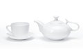 Blank template porcelain tableware for your design, white ceramic teapot and tea mug white background Royalty Free Stock Photo