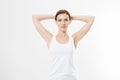 Blank template t shirt. Beauty Woman with perfect skin armpits and epilation isolated on white background. Laser hair removal. Royalty Free Stock Photo