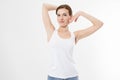Blank template t shirt. Beauty Woman with perfect skin armpits and epilation isolated on white background. Laser hair removal. Royalty Free Stock Photo