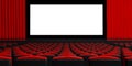 Blank theater screen with curtains, empty chairs, space for text. 3d illustration Royalty Free Stock Photo