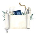 Blank Torah scroll with Yom Kippur symbols banner template watercolor illustration for Jewish New year and Atonement day
