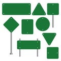 Blank traffic road sign set, empty street signs, green isolated on white background, vector illustration. Royalty Free Stock Photo