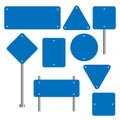 Blank traffic road sign set, empty street signs, blue isolated on white background, vector illustration.