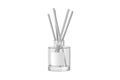 Blank Transparent aromatic reed diffuser bottle mockup with empty label. Home fragrance with liquid perfume and wooden sticks.