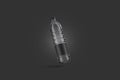 Blank transparent plastic bottle with black label mockup, no gravity