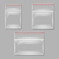 Blank transparent plastic zipper bag vector set