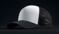 Blank trucker style baseball cap with a white front panel and black mesh back, positioned on a solid black background Royalty Free Stock Photo