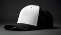 Blank trucker style baseball cap with a white front panel and black mesh back, positioned on a solid black background Royalty Free Stock Photo